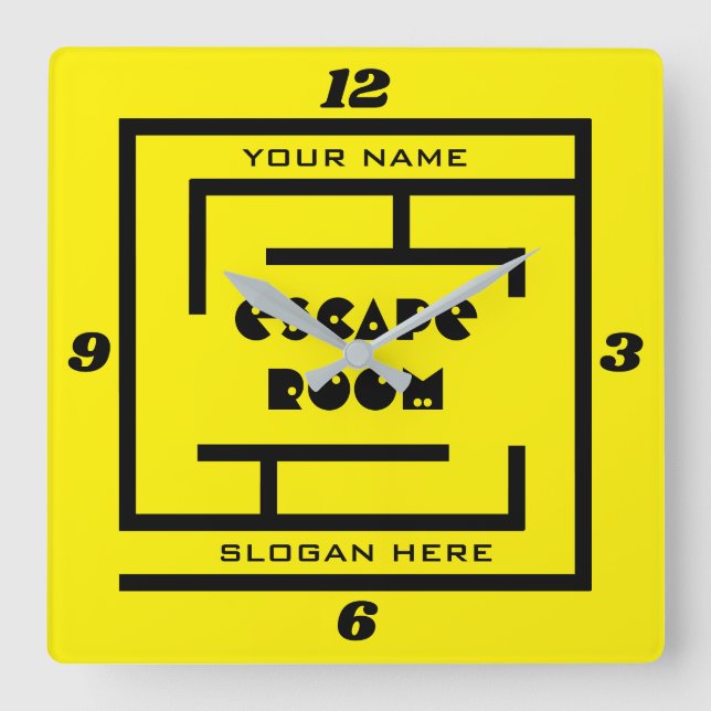 Escape Room square wall clock with maze logo (Front)