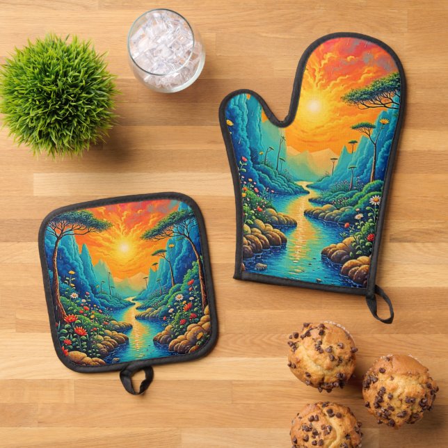 Escape to Nature Art Design Oven Mitt & Pot Holder Set (Top Down)