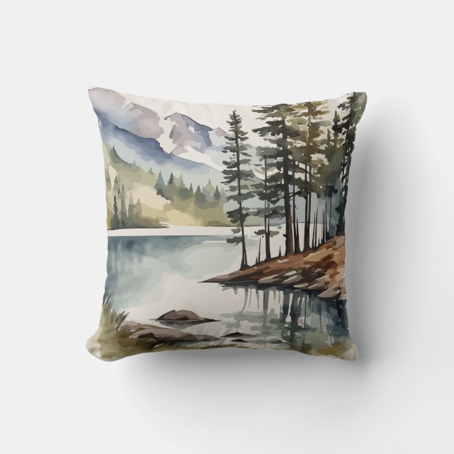 Escape to Nature | Watercolor Rustic Mountain Cushion (Front)