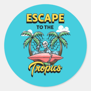 Escape to the Tropics Skeleton Surf Classic Round Sticker