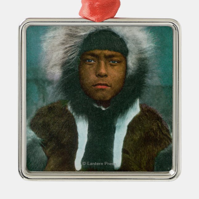 Eskimo Boy named "Menadelook" Metal Tree Decoration (Front)
