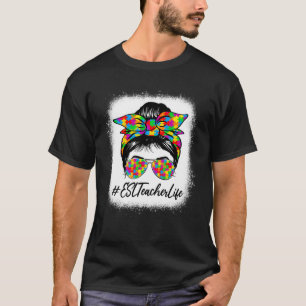 ESL Teacher Messy Bun Supporting Autism Awareness T-Shirt