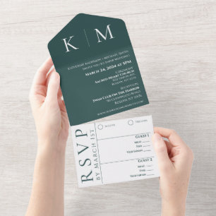 Esmerald Green and White-Monogram-Wedding- All In One Invitation