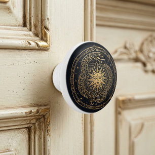 Esoteric Gold Serpent Sun Celestial Mandala  Ceramic Knob