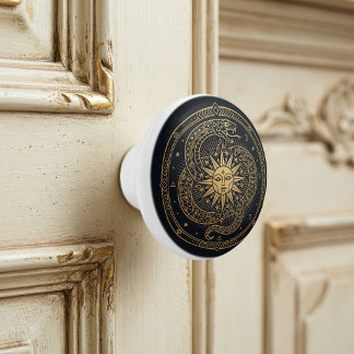 Esoteric Gold Serpent Sun Celestial Mandala Ceramic Knob