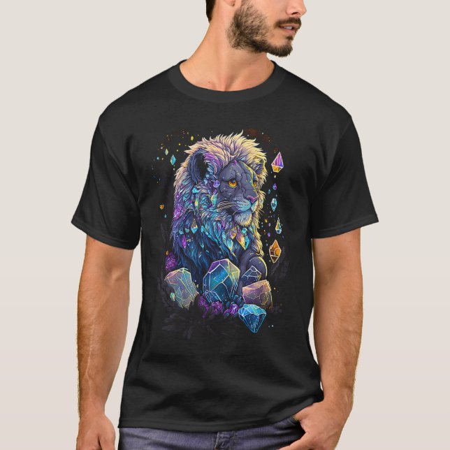 Esoteric Lion Crystals Cute Illustration T-Shirt (Front)