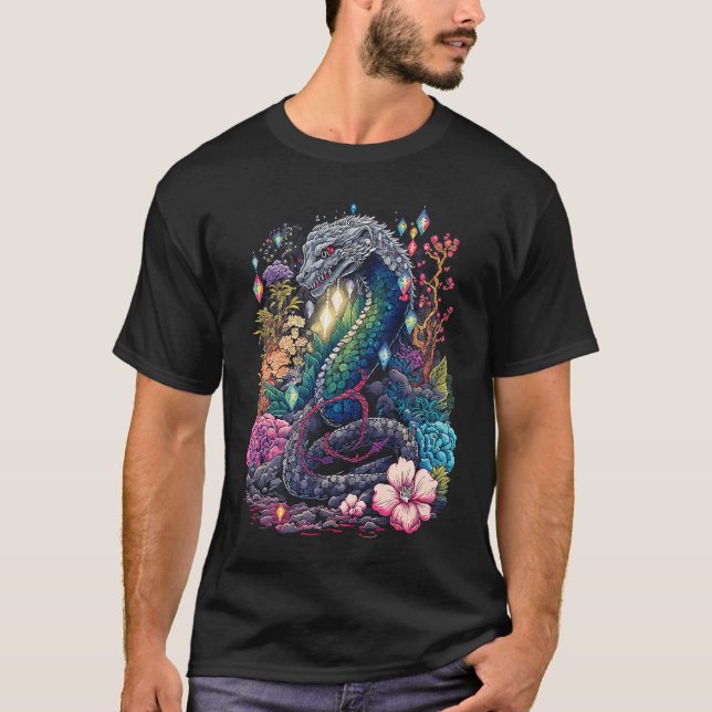 Esoteric Snake Crystals Cute Illustration T-Shirt (Front)
