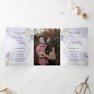 Español English Flores Lilac Lila Flowers  Tri-Fold Invitation