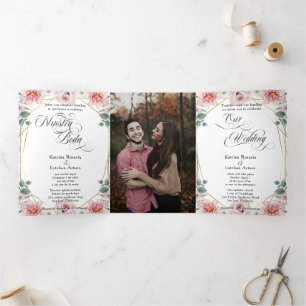 Español English Peonias Rosas Pink Peonies Tri-Fold Invitation