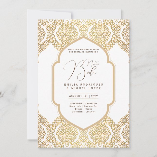 Espanol Invitación Boda Elegant White Gold Ornate  Invitation (Front)