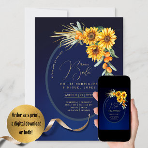 Espanol Invitación Boda Rustic Blue Sunflowers Inv Invitation
