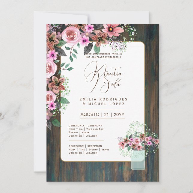 Espanol Invitación de Boda Floral Wedding Rustic I Invitation (Front)