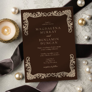 Espresso Brown and Cream Vintage Baroque Wedding Invitation