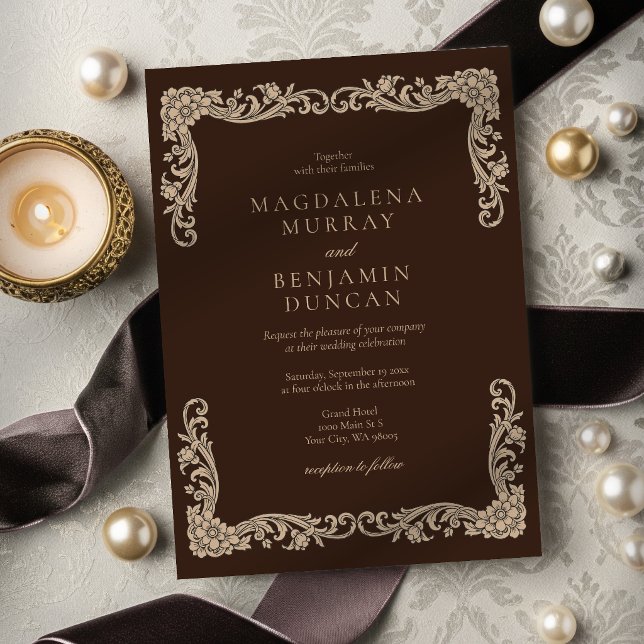 Espresso Brown and Cream Vintage Baroque Wedding Invitation (Creator Uploaded)