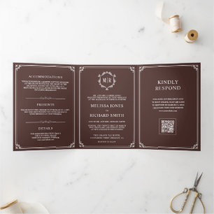 Espresso Brown and White Monogram QR Code Wedding Tri-Fold Invitation