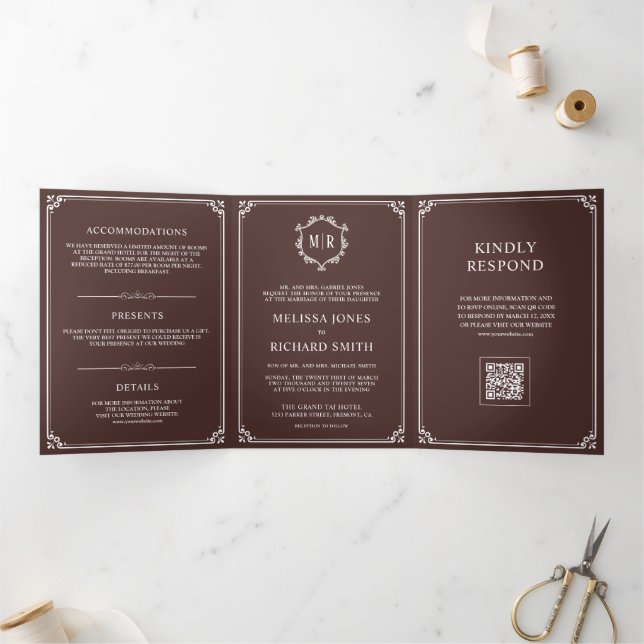 Espresso Brown and White Monogram QR Code Wedding Tri-Fold Invitation (Inside)