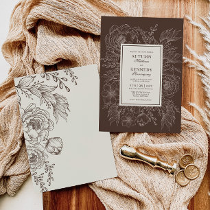 Espresso Brown Botanical Floral Line Art Wedding Invitation