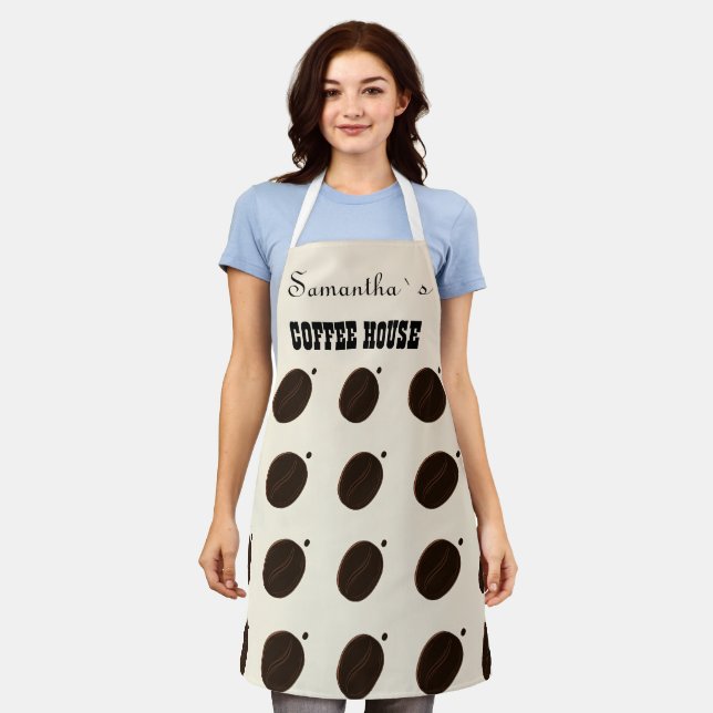 Espresso Brown Coffee Bean Pattern Cafe Branding Apron (Worn)