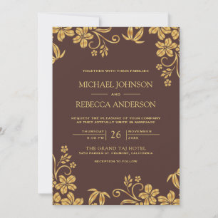 Espresso Brown Gold Floral Leaves QR Code Wedding Invitation