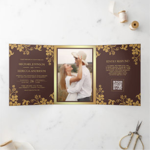 Espresso Brown Gold Floral Leaves QR Code Wedding Tri-Fold Invitation
