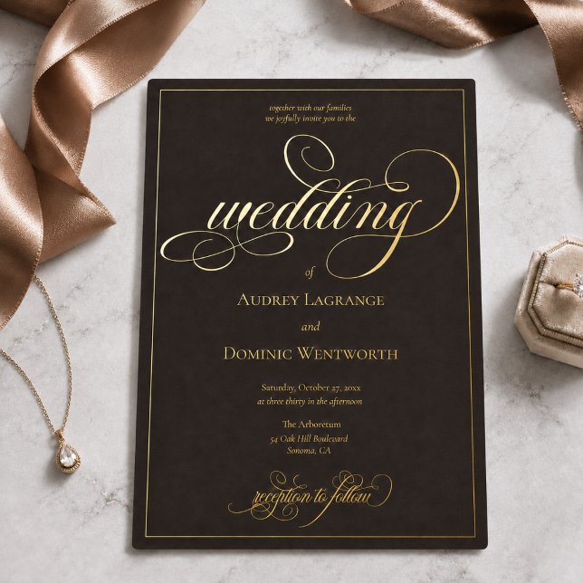 Espresso Brown Gold Wedding Script Calligraphy (elegant luxurious opulent romantic espresso brown calligraphy script wedding gold foil invitation)