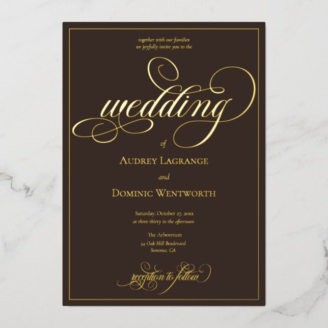 Espresso Brown Gold Wedding Script Calligraphy (Front)
