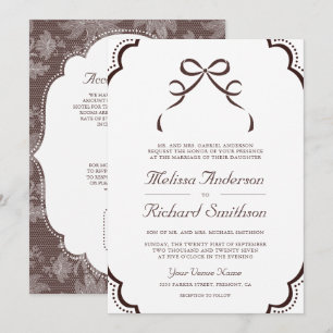Espresso Brown Lace Coquette Bow QR Code Wedding Invitation