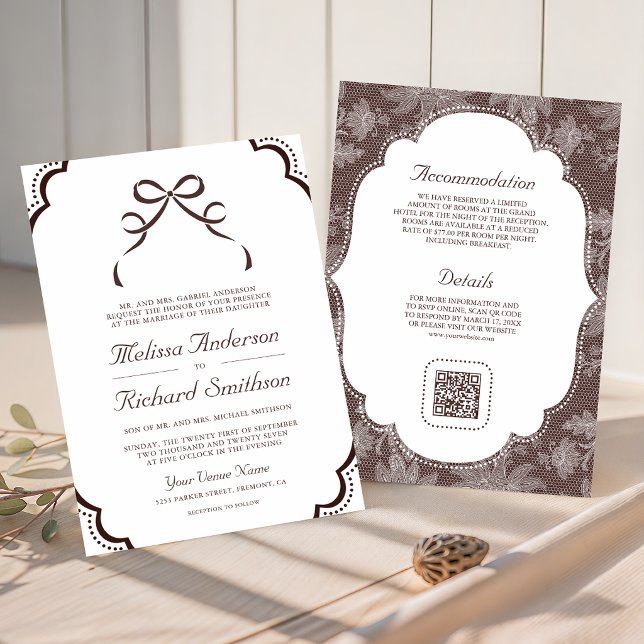 Espresso Brown Lace Coquette Bow QR Code Wedding Invitation (Creator Uploaded)