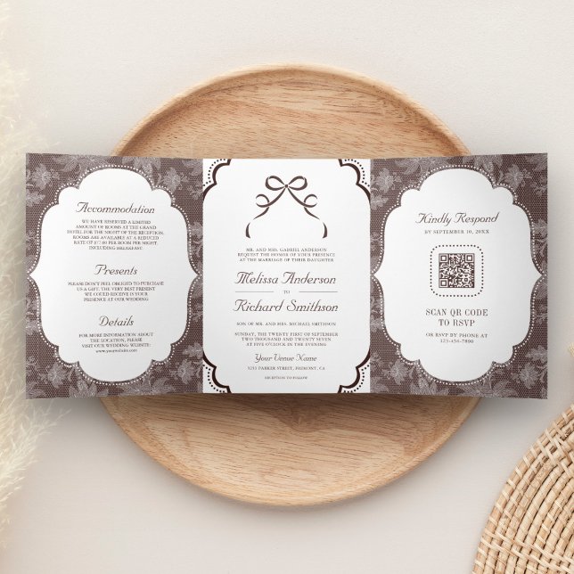 Espresso Brown Lace Coquette Bow QR Code Wedding Tri-Fold Invitation (Creator Uploaded)
