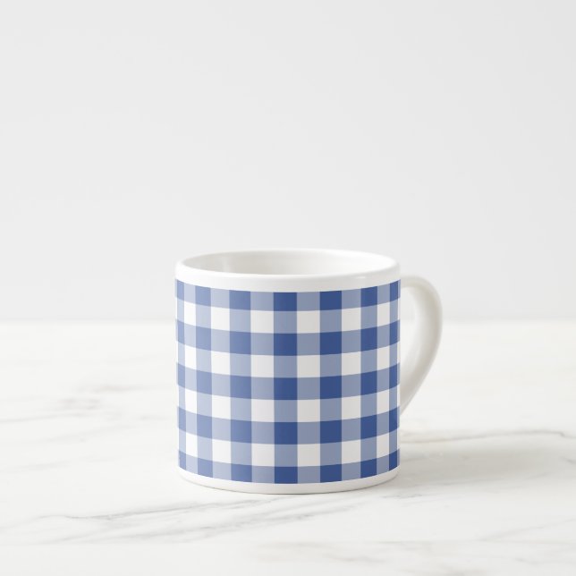 Espresso Coffee Mug, Dark Blue Check Gingham Cup (Front Right)