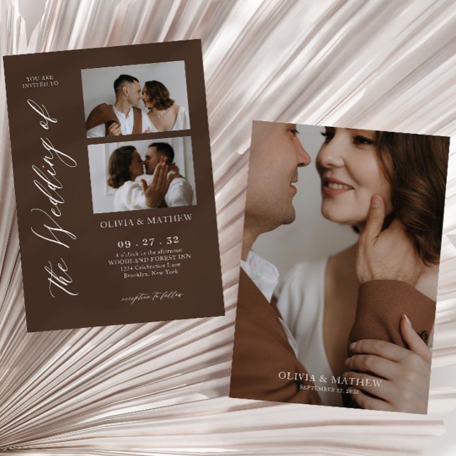 Espresso Contemporary Script Photo Collage Wedding Invitation (Creator Uploaded)