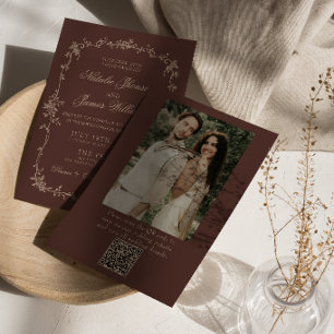Espresso Floral Old Money QR Code Photo Wedding Invitation