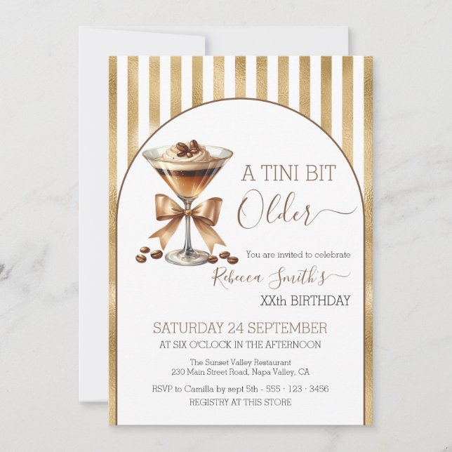Espresso martini 'A tini bit Older' gold birthday Invitation (Front)