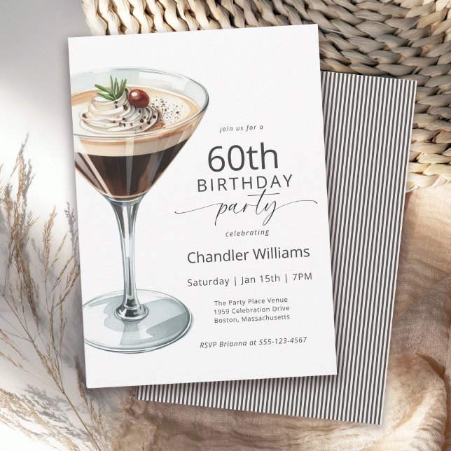 Espresso Martini Cocktail 60th Birthday Party Invitation (Available in printed and paperless instant download formats.)