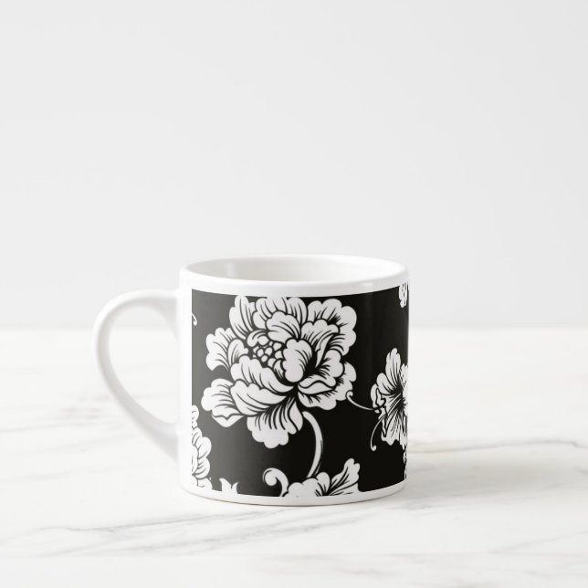 Espresso Mug-Black & White Floral Cup (Left)