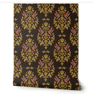 Espresso, Ochre and Rose Bird Damask Wallpaper