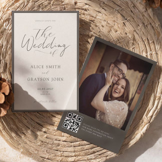 Espresso Photo Back QR Classic Minimalist Wedding Invitation