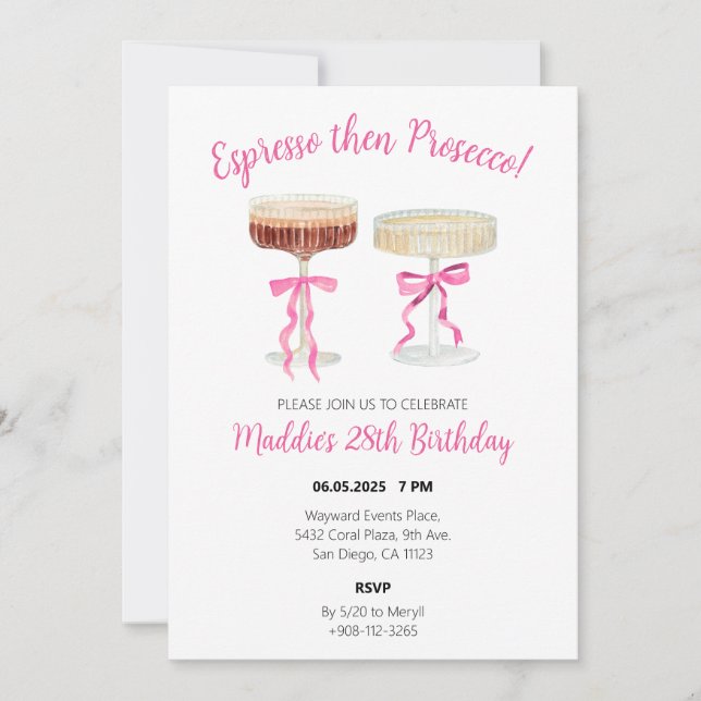 Espresso then Prosecco Birthday Invite Design (Front)