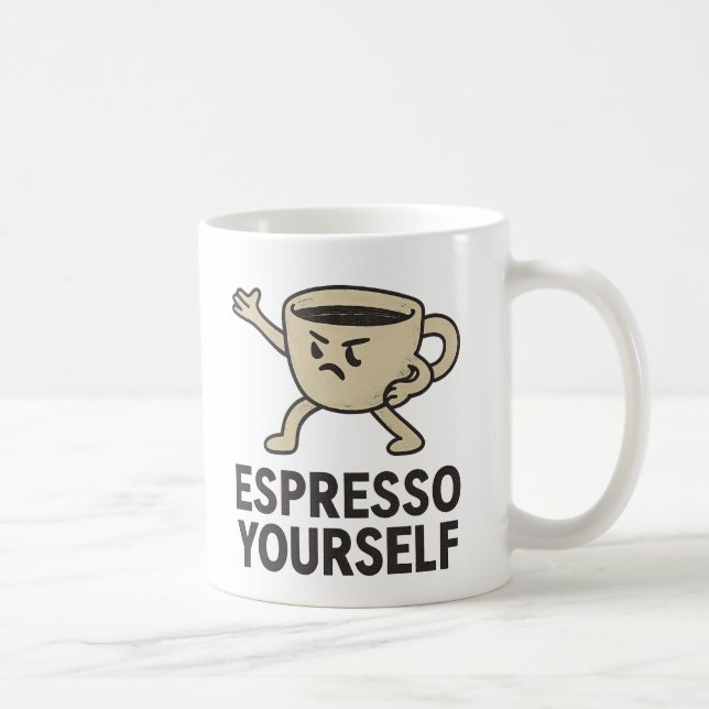 "Espresso Yourself" Funny Coffee Pun Cartoon Coffe Mug (Right)