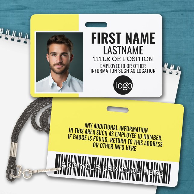 Essential Employee ID Photo, Bar Code, Logo, Name ID Badge (Personalized Name Badge with Photo and Company Logo)