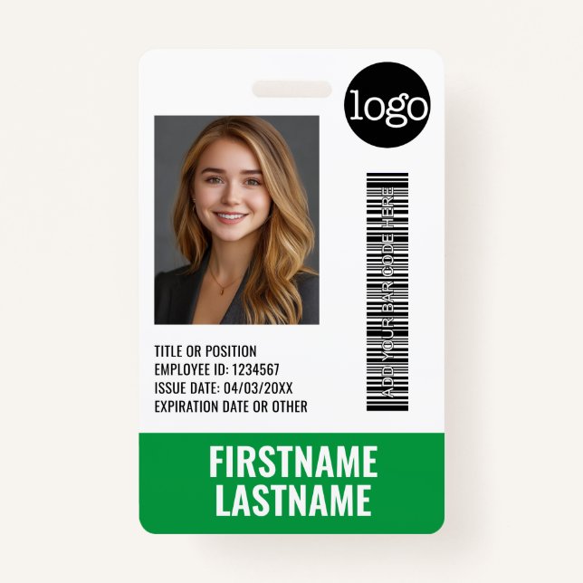 Essential Employee ID Photo, Bar Code, Logo, Title ID Badge (Front)