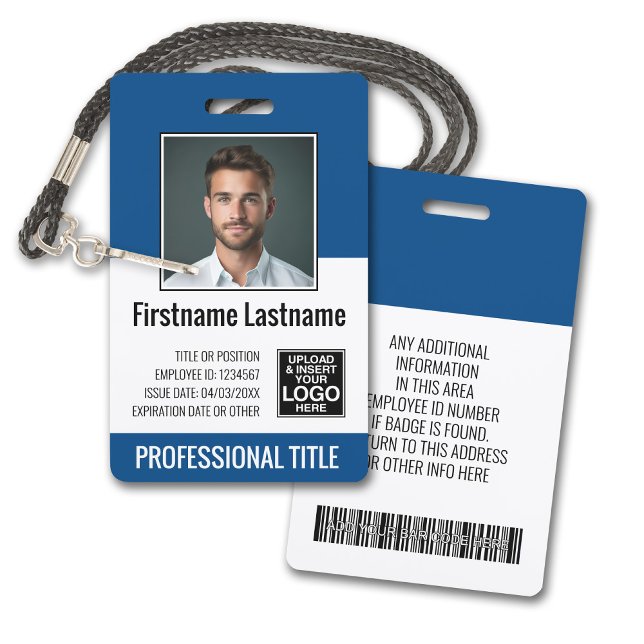 Essential Employee - Photo, Bar Code, Logo, Blue ID Badge (Plastic ID Badge - Customize with Employee Photo and Credentials. Blue Accents)