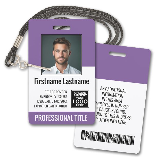 Essential Employee - Photo, Bar Code, Logo, Purple ID Badge (Plastic ID Badge - Customize with Employee Photo and Credentials. Purple Accents)