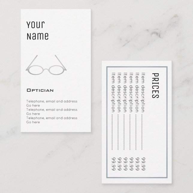 "Essential" Optician Price Cards (Front/Back)