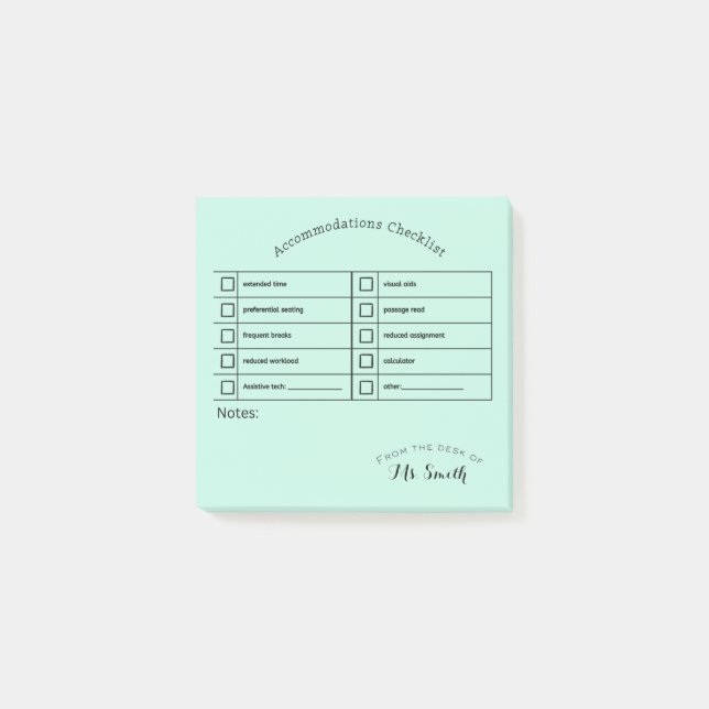 Essential SpEd Tool: Accommodations Checklist  Post-it Notes (Front)