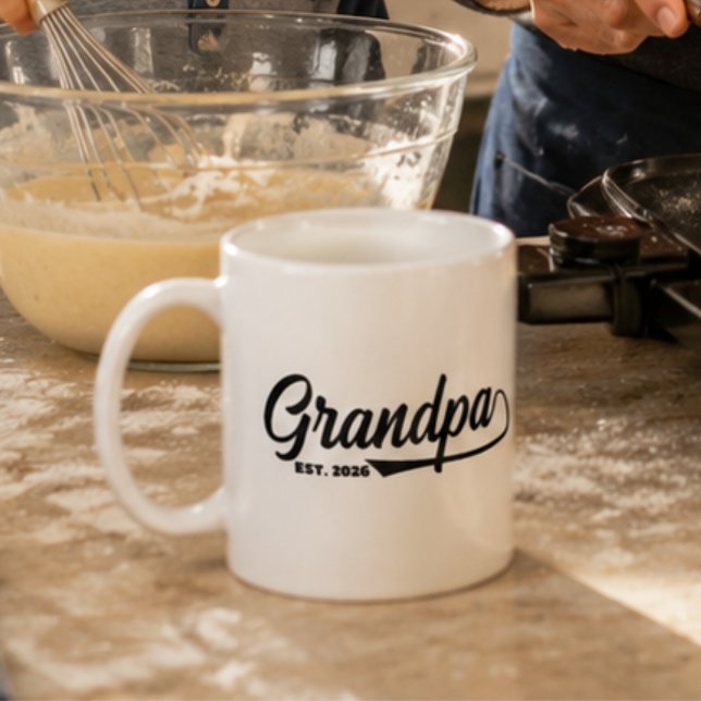 Established New Grandpa Est Year Typography  Coffee Mug (grandpa gift coffee mugs script typography grandparents keepsake pregnancy script grandfather modern)