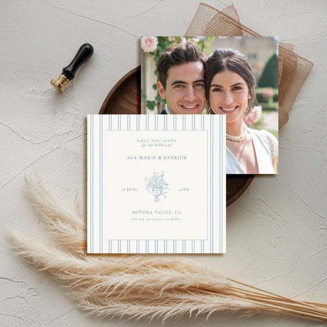 Estate Chic Blue Stripes Floral Vase Photo Wedding Save The Date (elegant wedding save the date photo template chateau estate garden destination blue periwinkle)