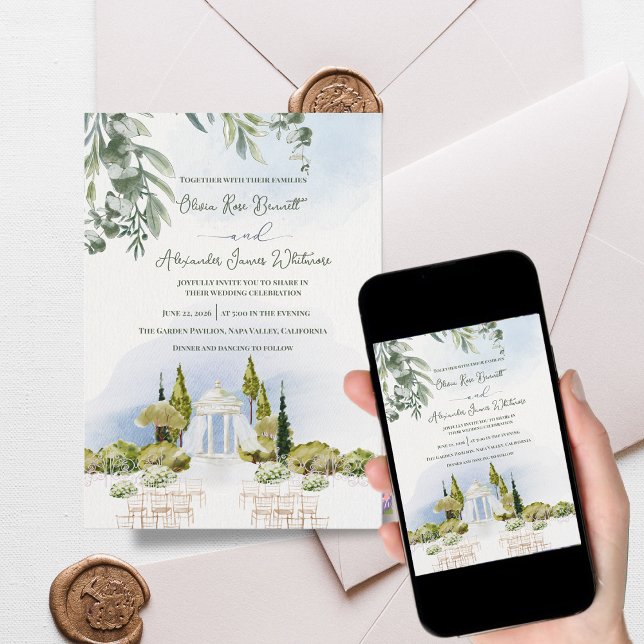 Estate Garden Pavilion Outdoor Ceremony Wedding Invitation (Estate Garden Pavilion Wedding Invitation | Watercolor Outdoor Ceremony Venue Invite)