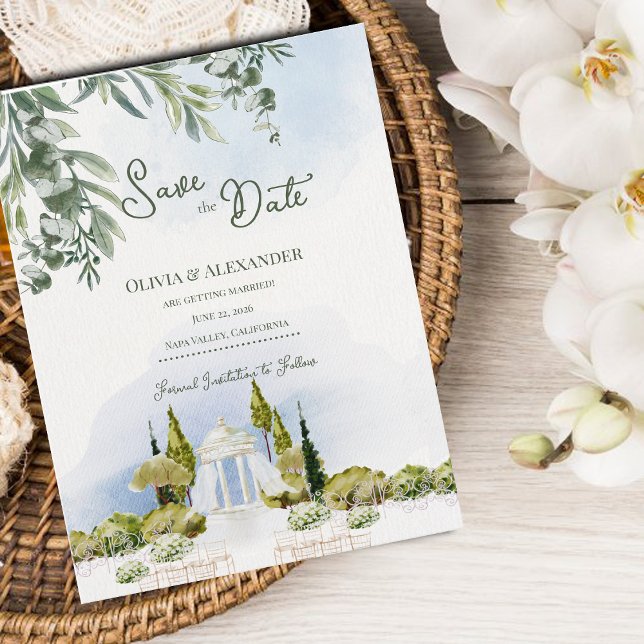 Estate Garden Pavilion Wedding Save the Date Announcement Postcard (Estate Garden Pavilion Save the Date | Watercolor Outdoor Wedding Gazebo Announcement)