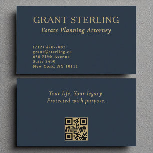 Estate Planning Attorney Navy Blue Gold QR Code  Business Card